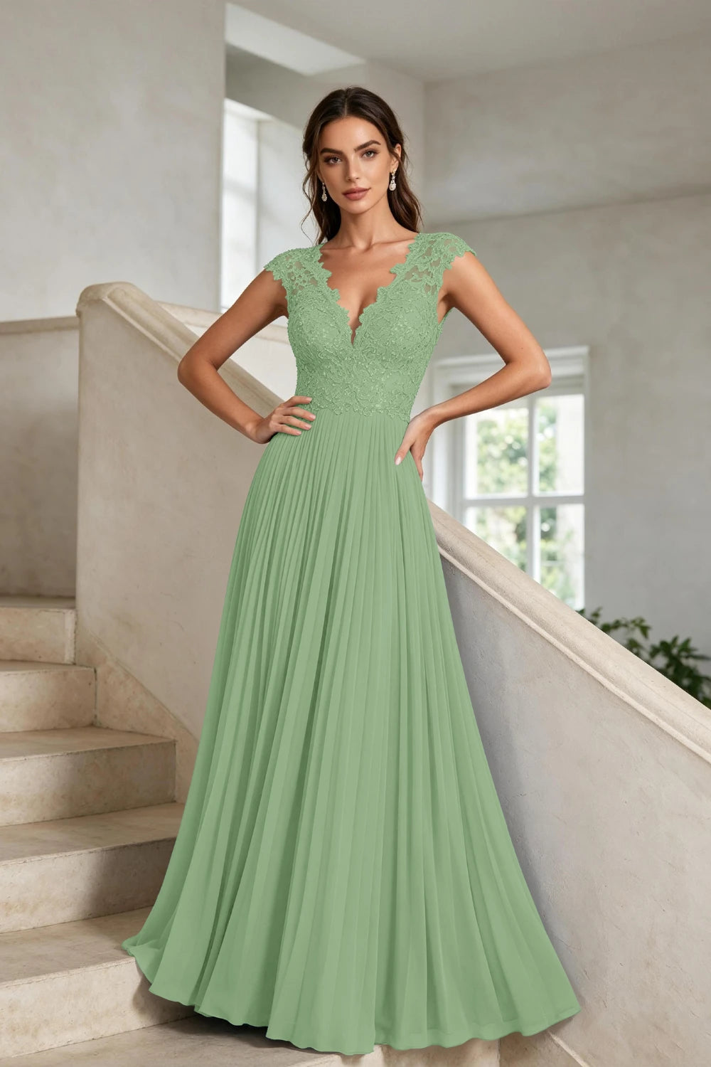 Dusty Blue Lace-Bodice Pleated Chiffon Mother of the Bride Gown