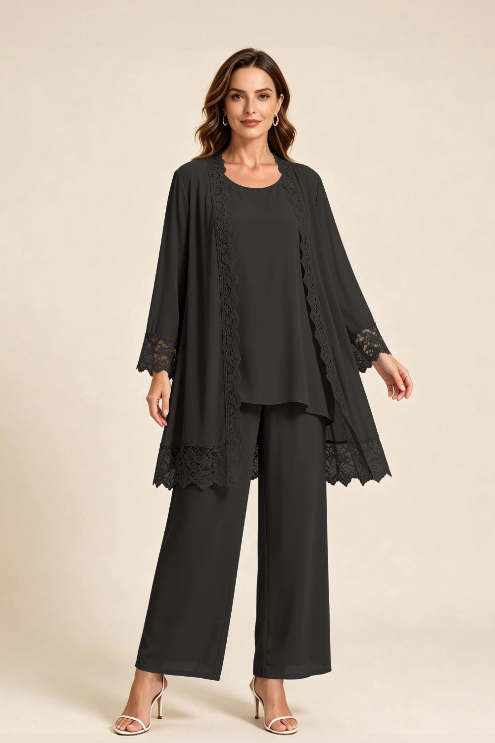 Dusty Blue Lace-Trim Three-Piece Mother of the Bride Pant Suit