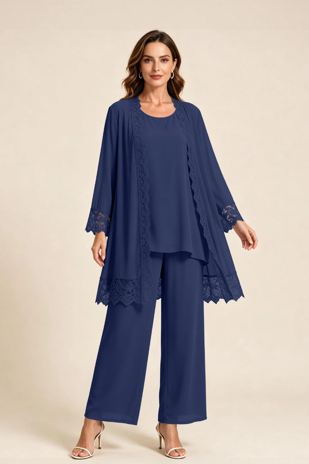 Dusty Blue Lace-Trim Three-Piece Mother of the Bride Pant Suit