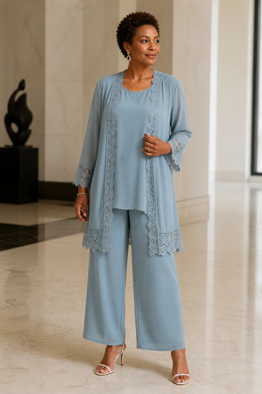 Dusty Blue Lace-Trim Three-Piece Mother of the Bride Pant Suit