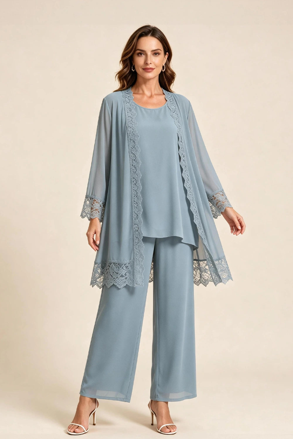 Dusty Blue Lace-Trim Three-Piece Mother of the Bride Pant Suit