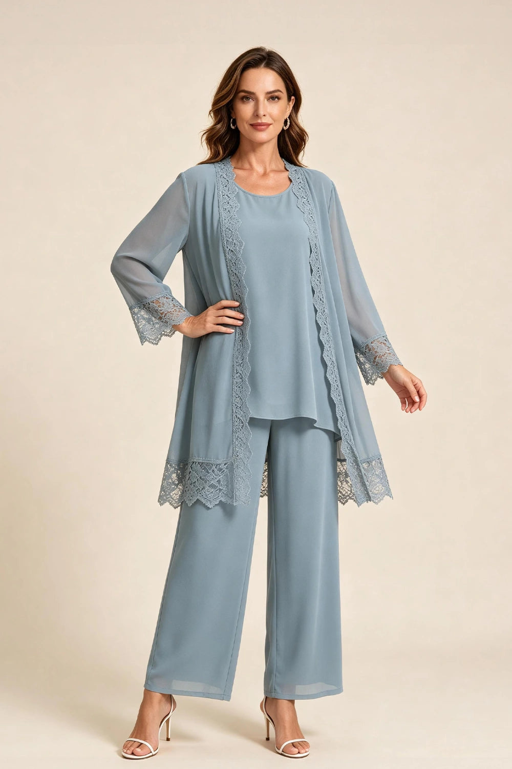 Dusty Blue Lace-Trim Three-Piece Mother of the Bride Pant Suit