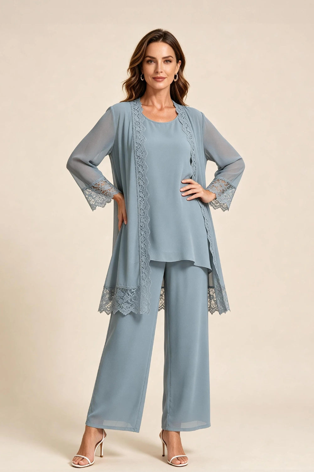 Dusty Blue Lace-Trim Three-Piece Mother of the Bride Pant Suit