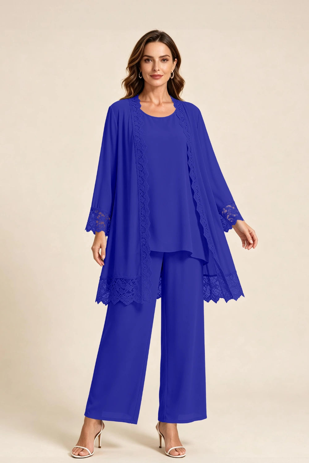 Dusty Blue Lace-Trim Three-Piece Mother of the Bride Pant Suit