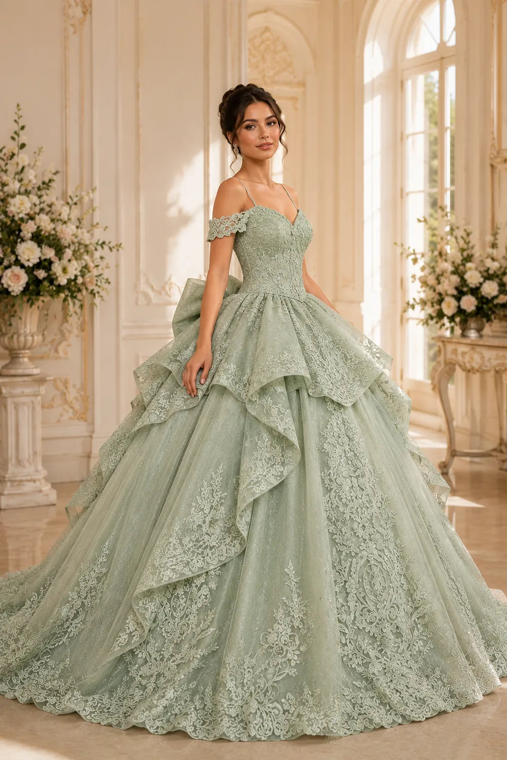 Princess Lace Prom Dress with Bow Back