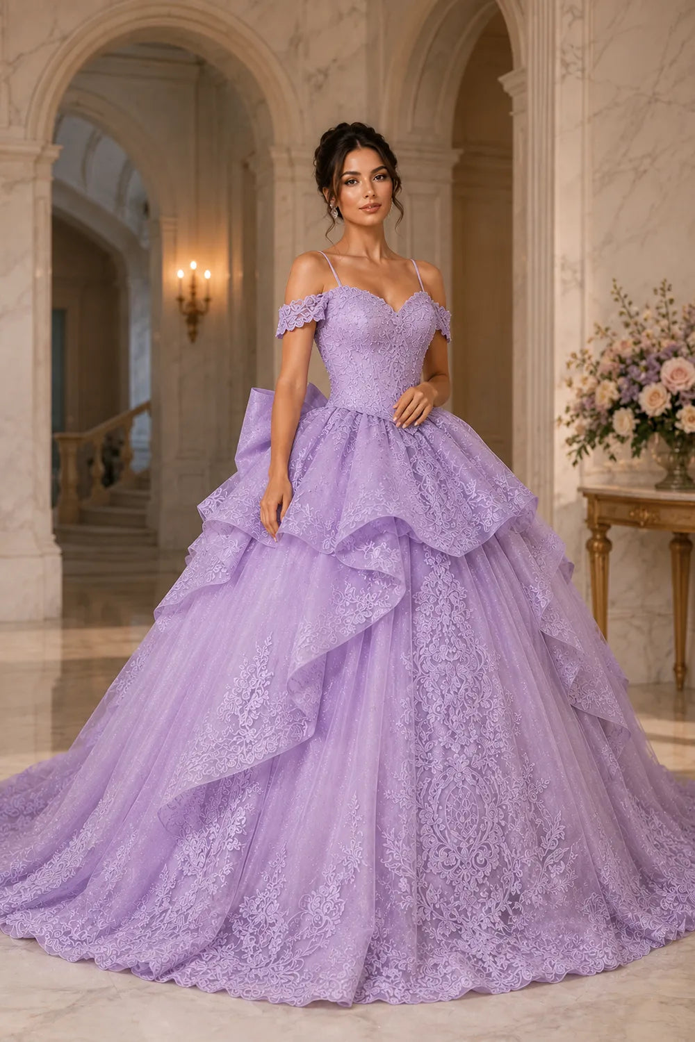 Princess Lace Prom Dress with Bow Back