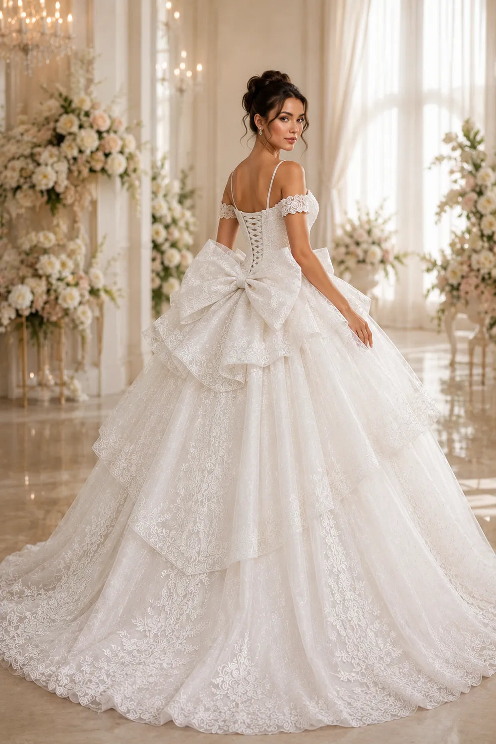 Princess Lace Prom Dress with Bow Back