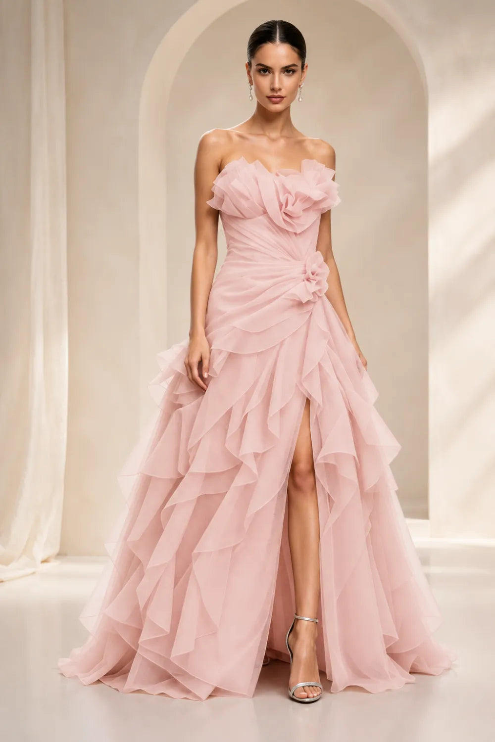 Rosalie Floral Appliqué Ruffle Formal Gown
