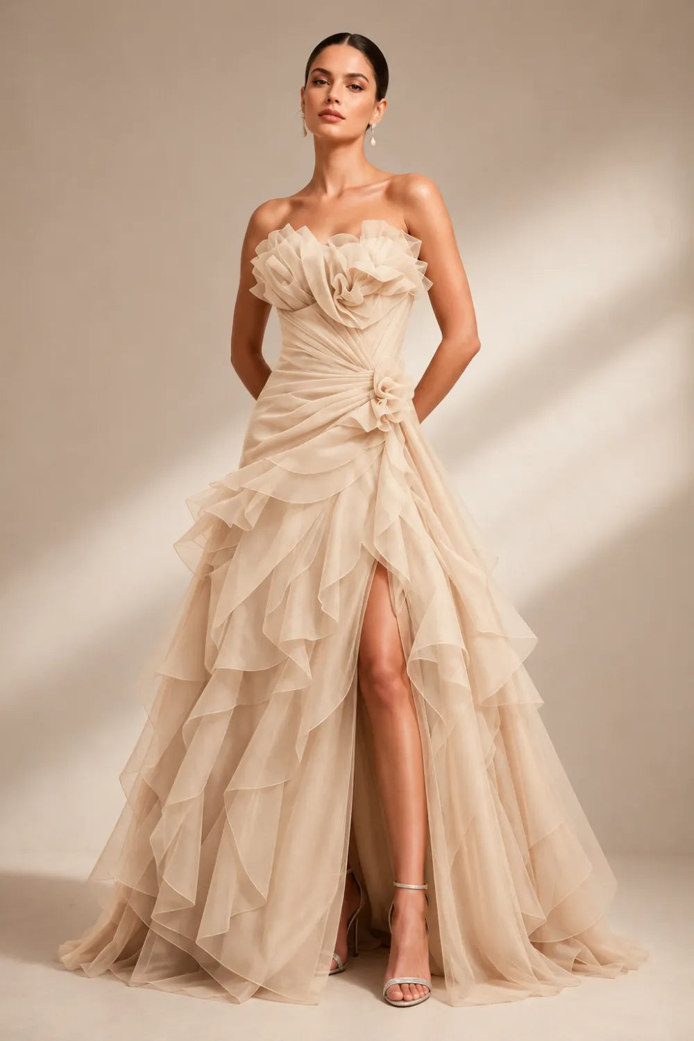 Rosalie Floral Appliqué Ruffle Formal Gown