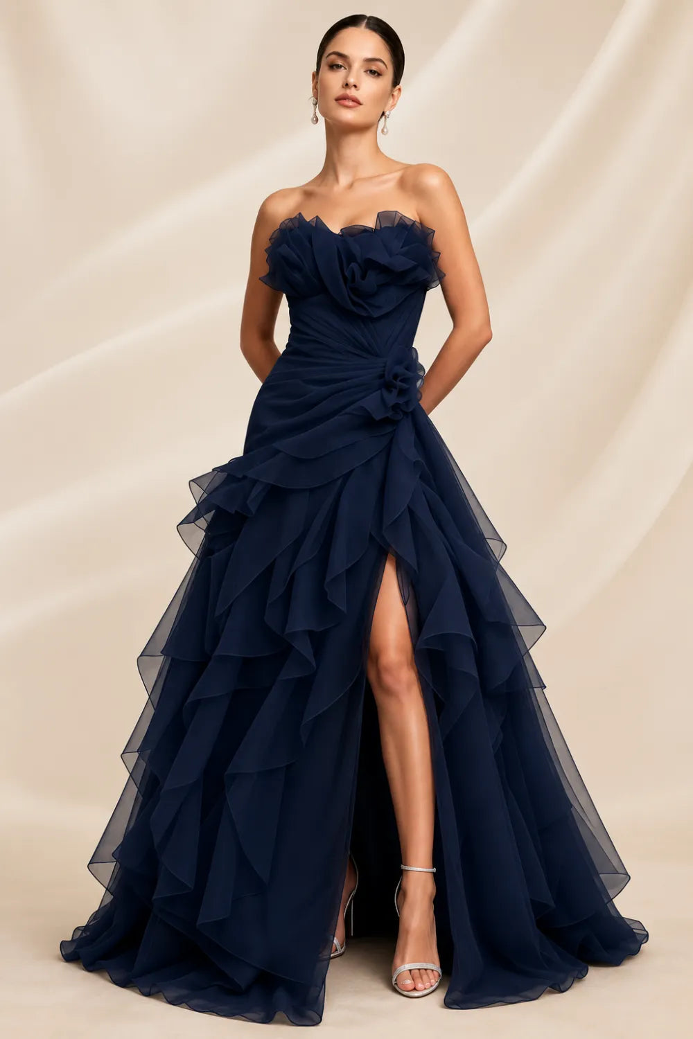 Rosalie Floral Appliqué Ruffle Formal Gown