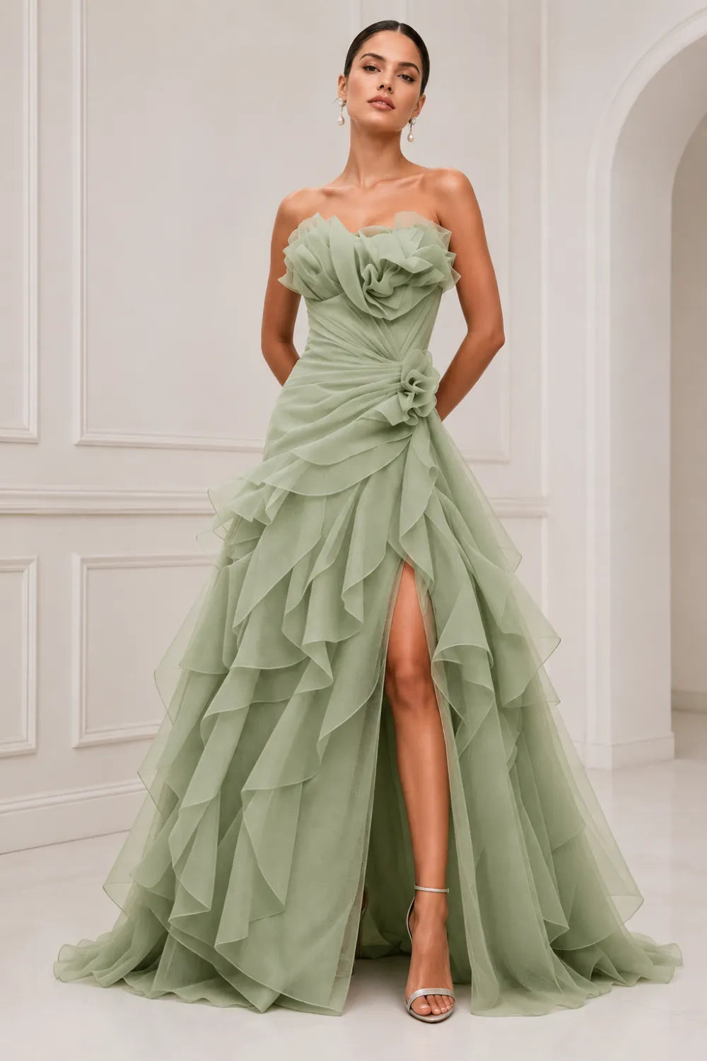 Rosalie Floral Appliqué Ruffle Formal Gown
