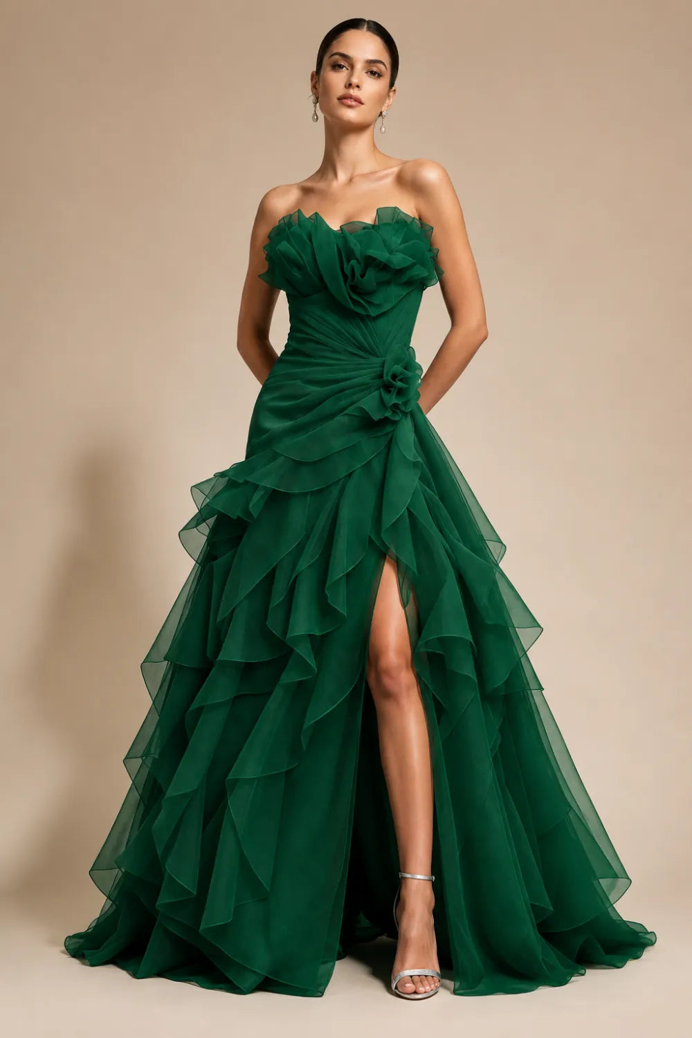 Rosalie Floral Appliqué Ruffle Formal Gown