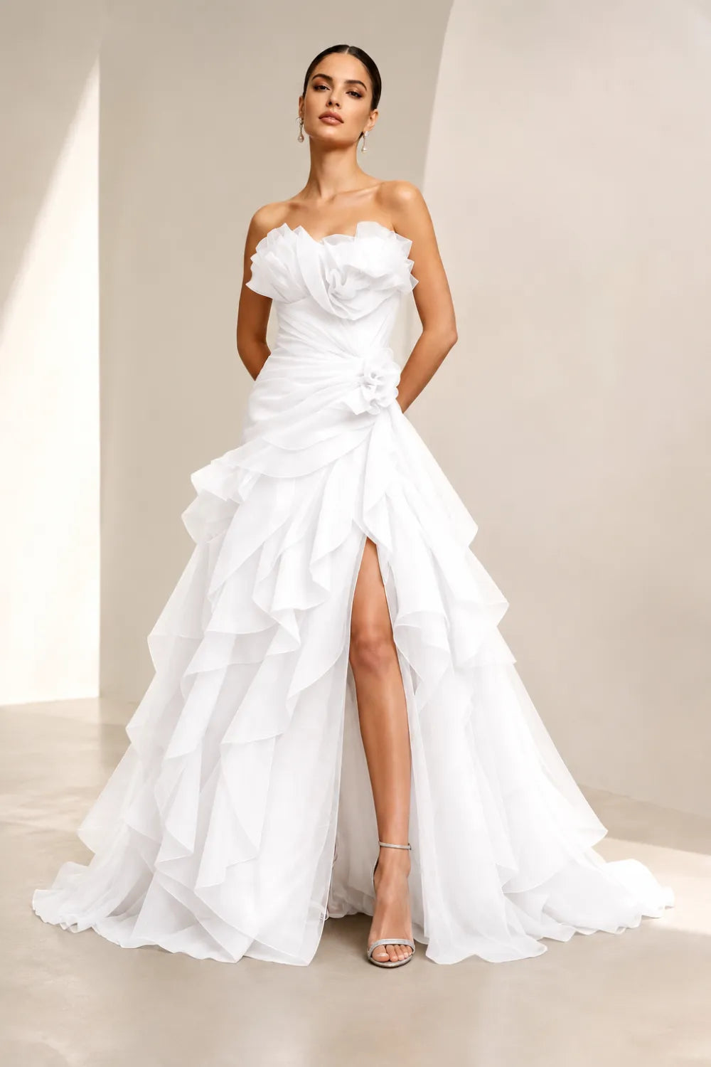 Rosalie Floral Appliqué Ruffle Formal Gown