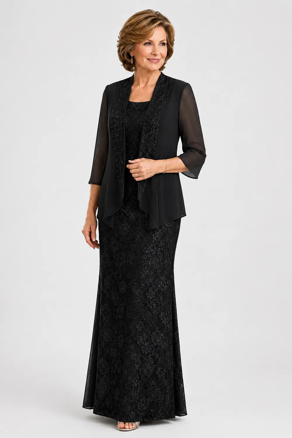 Graceful Floral Lace Formal Dress with Sheer Overlay