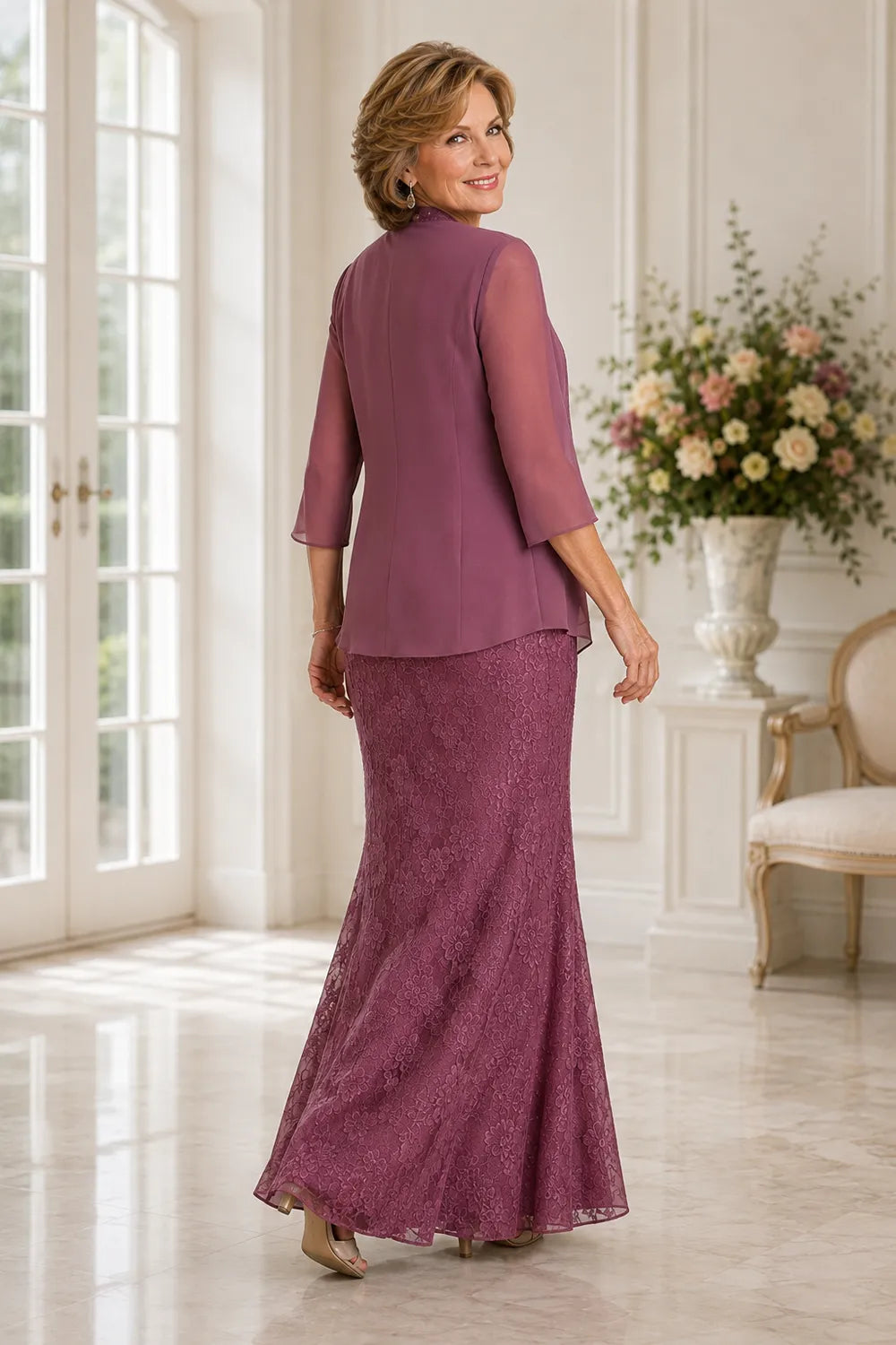 Graceful Floral Lace Formal Dress with Sheer Overlay