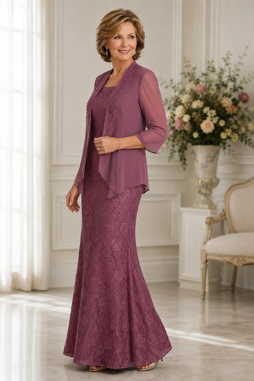 Graceful Floral Lace Formal Dress with Sheer Overlay