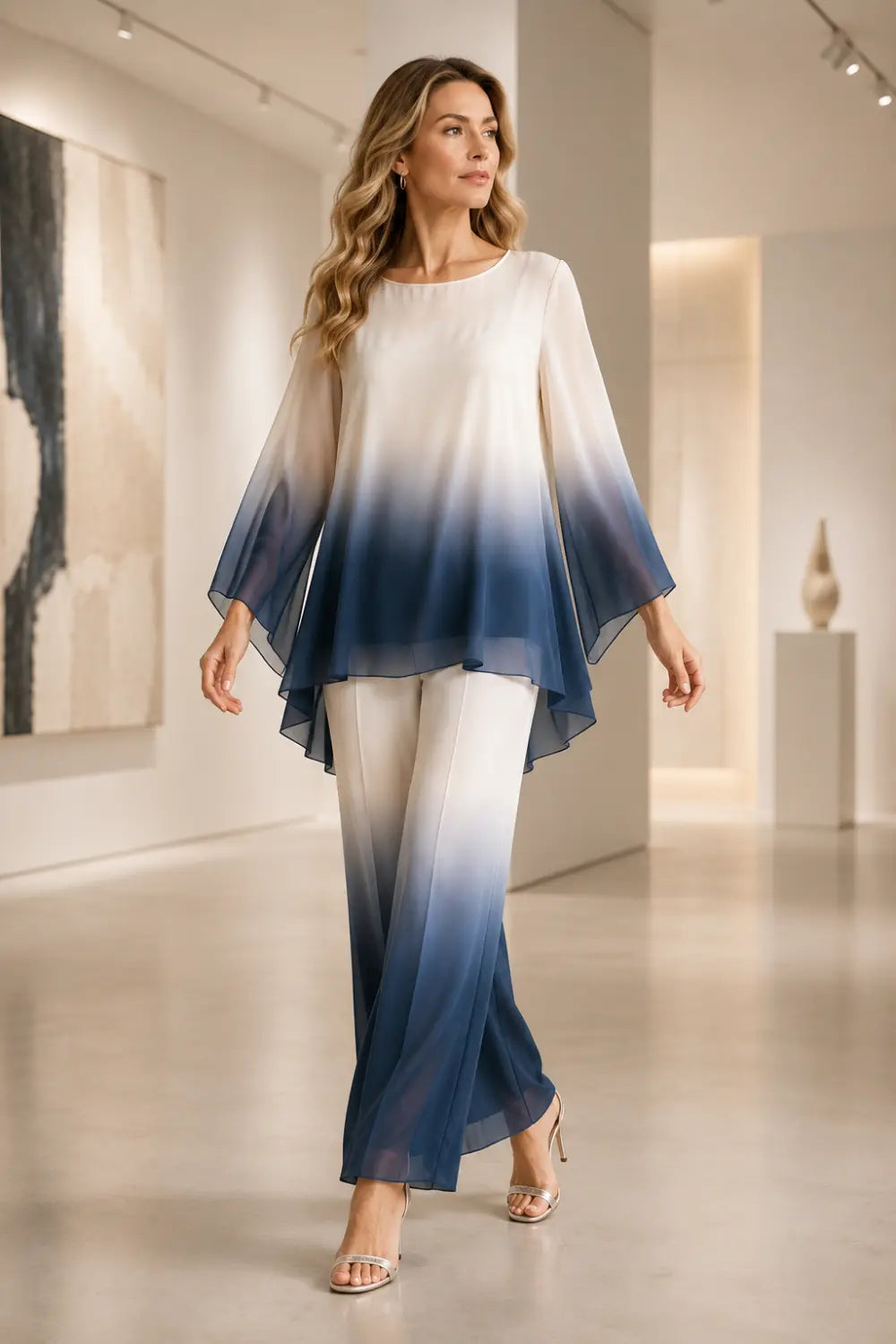Dip-Dye Chiffon Capelet Pant Suit with Wide-Leg Pants