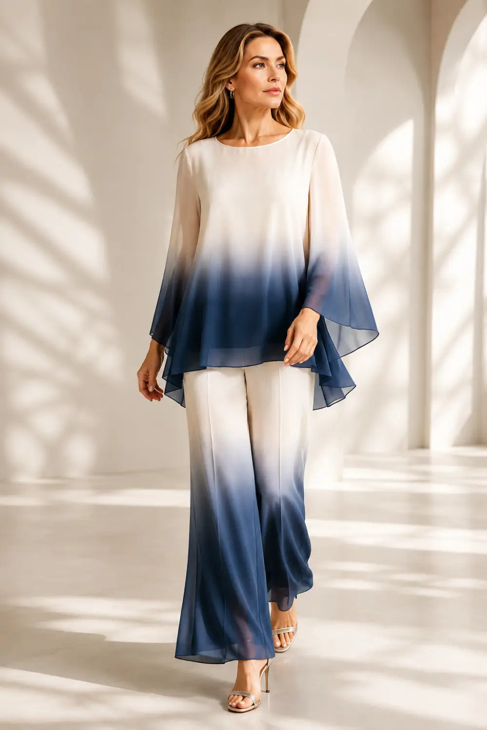 Dip-Dye Chiffon Capelet Pant Suit with Wide-Leg Pants