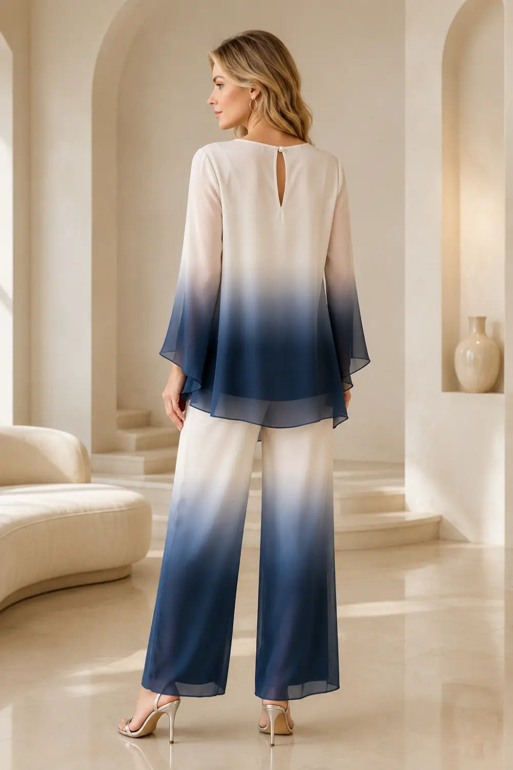 Dip-Dye Chiffon Capelet Pant Suit with Wide-Leg Pants