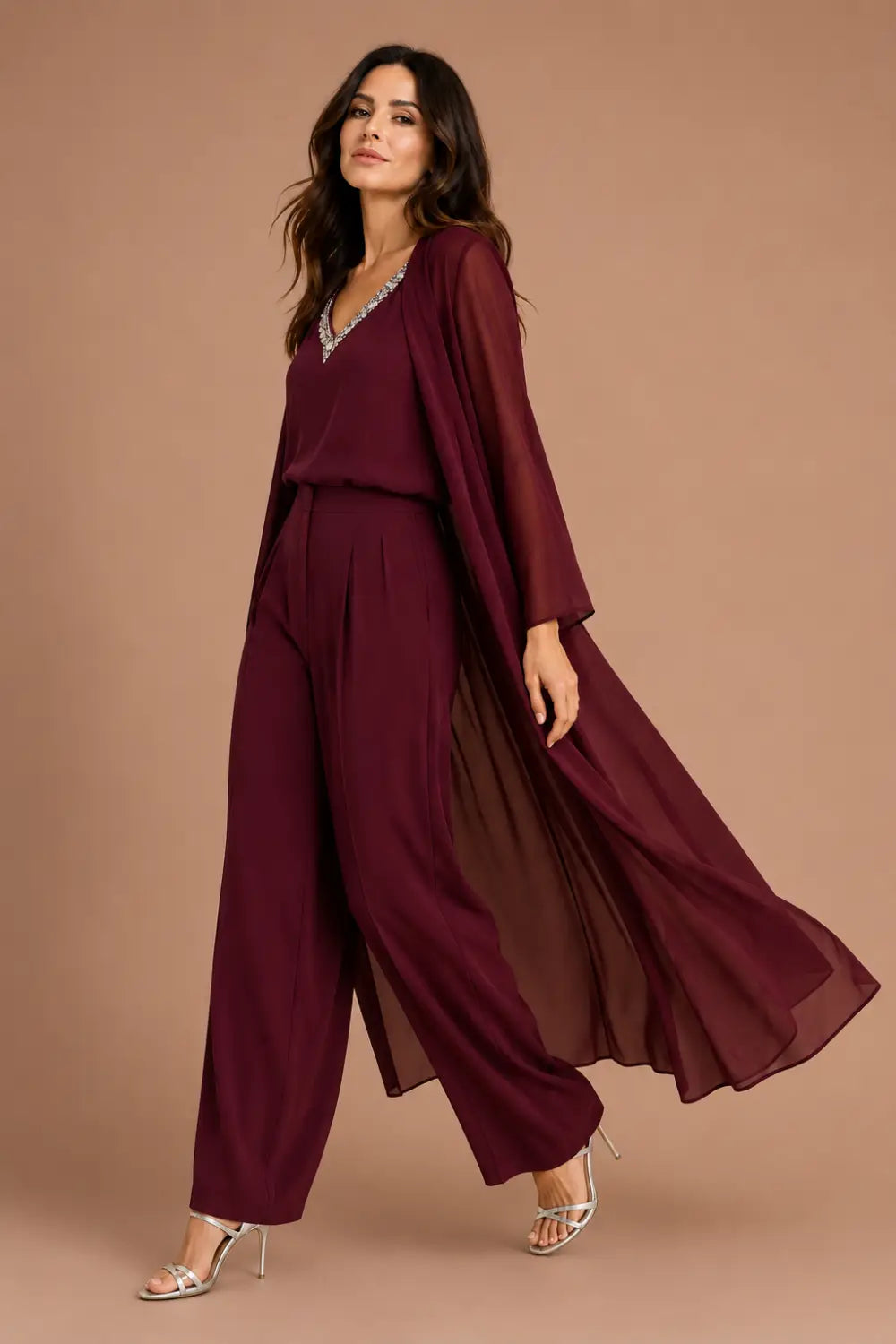 Draped Chiffon Capelet Pant Suit with Wide-Leg Pants