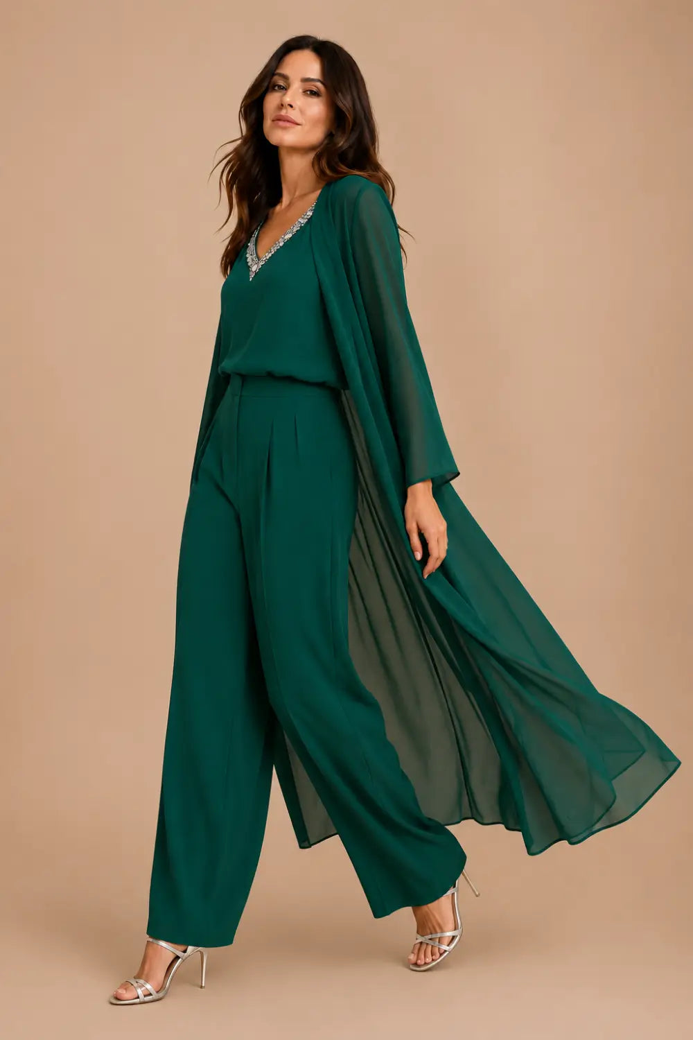 Draped Chiffon Capelet Pant Suit with Wide-Leg Pants