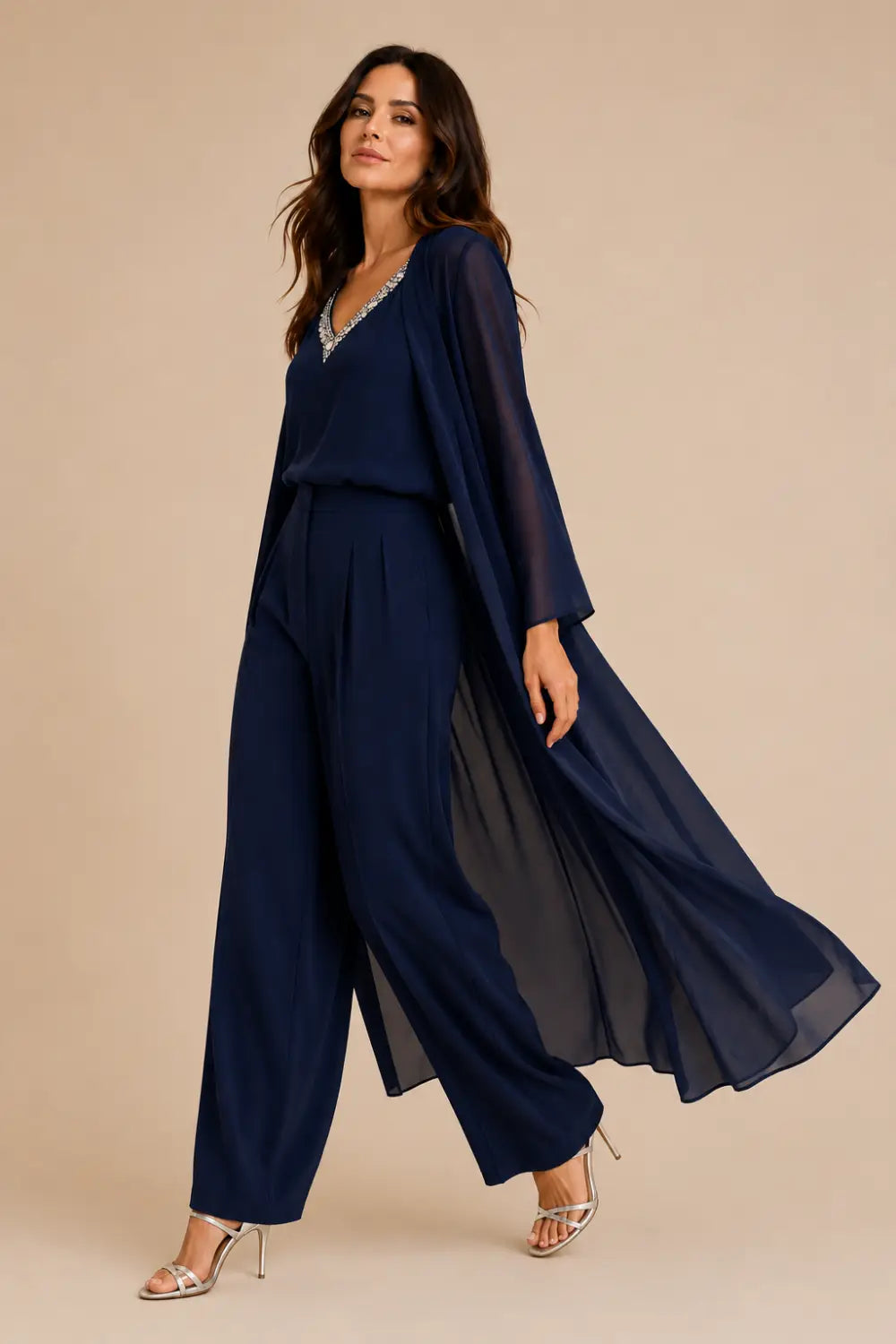 Draped Chiffon Capelet Pant Suit with Wide-Leg Pants
