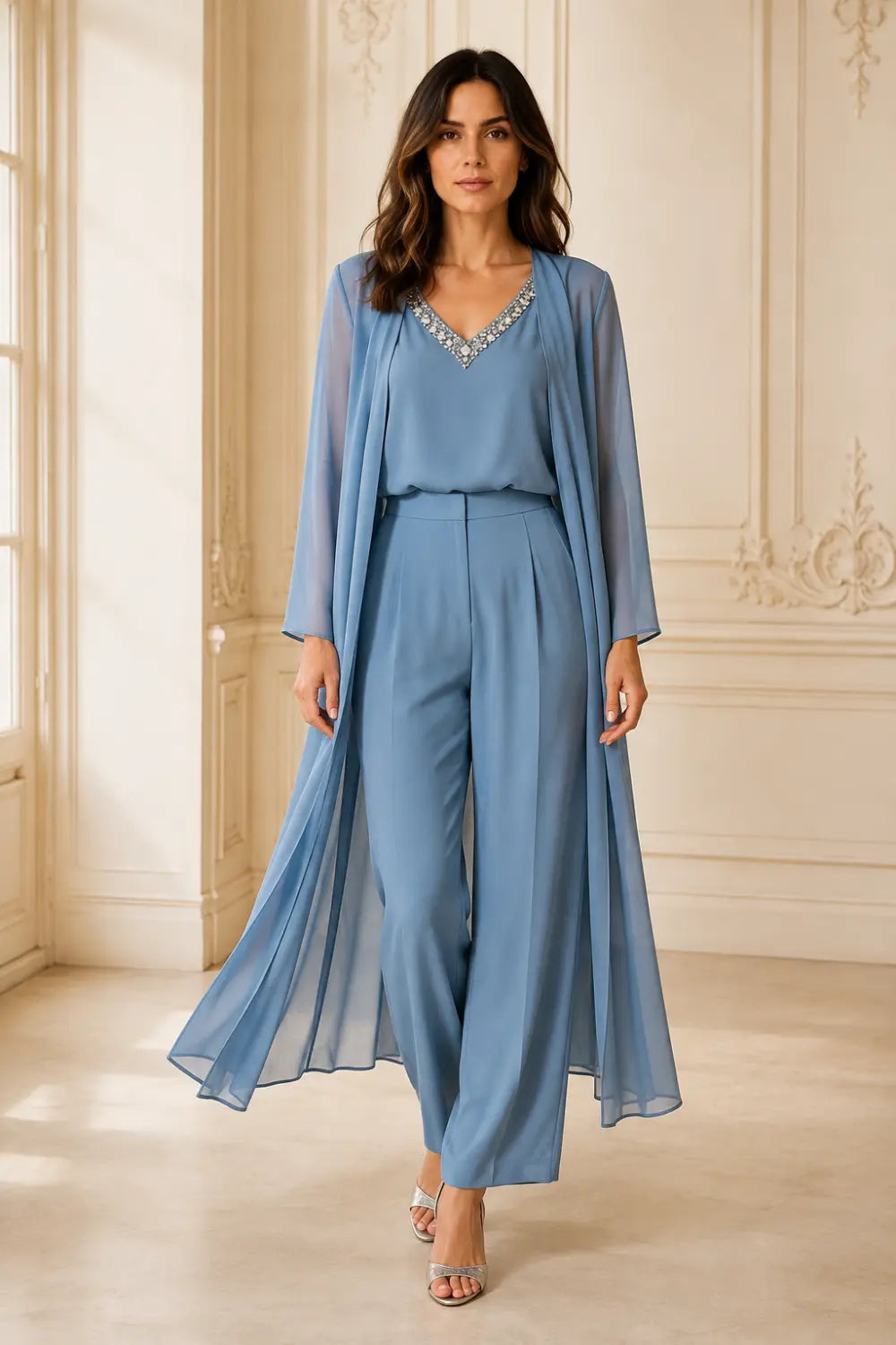 Draped Chiffon Capelet Pant Suit with Wide-Leg Pants