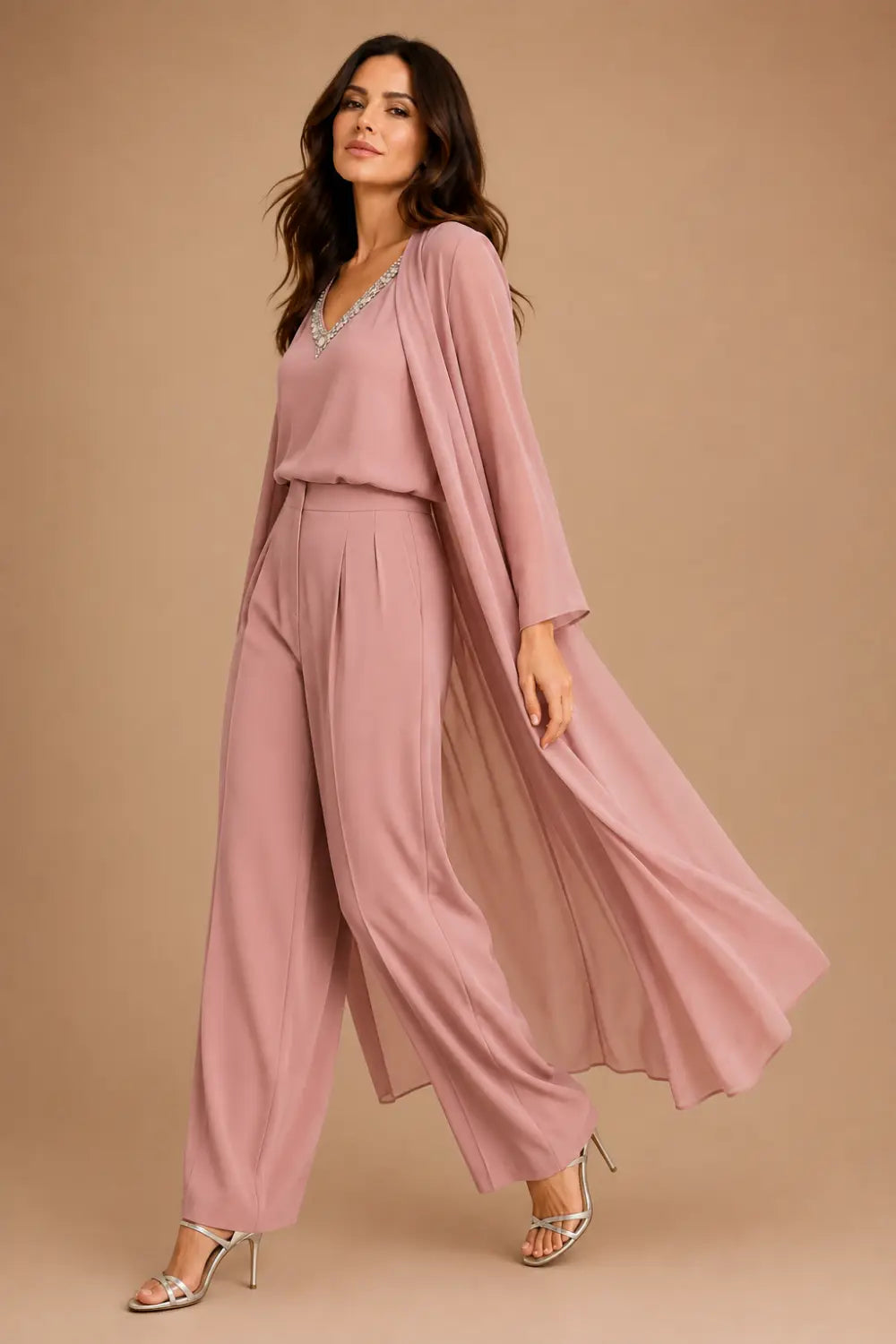Draped Chiffon Capelet Pant Suit with Wide-Leg Pants
