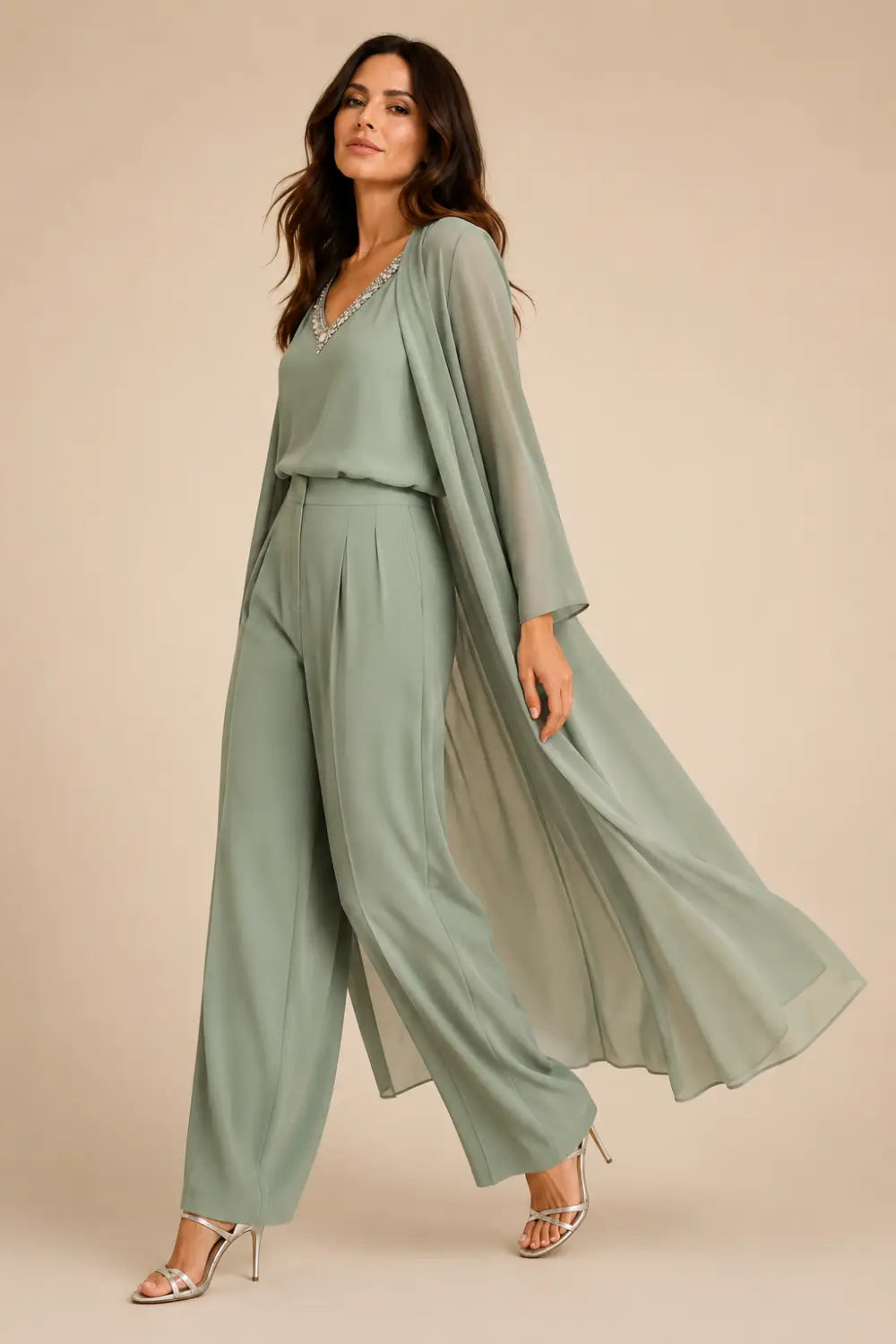 Draped Chiffon Capelet Pant Suit with Wide-Leg Pants