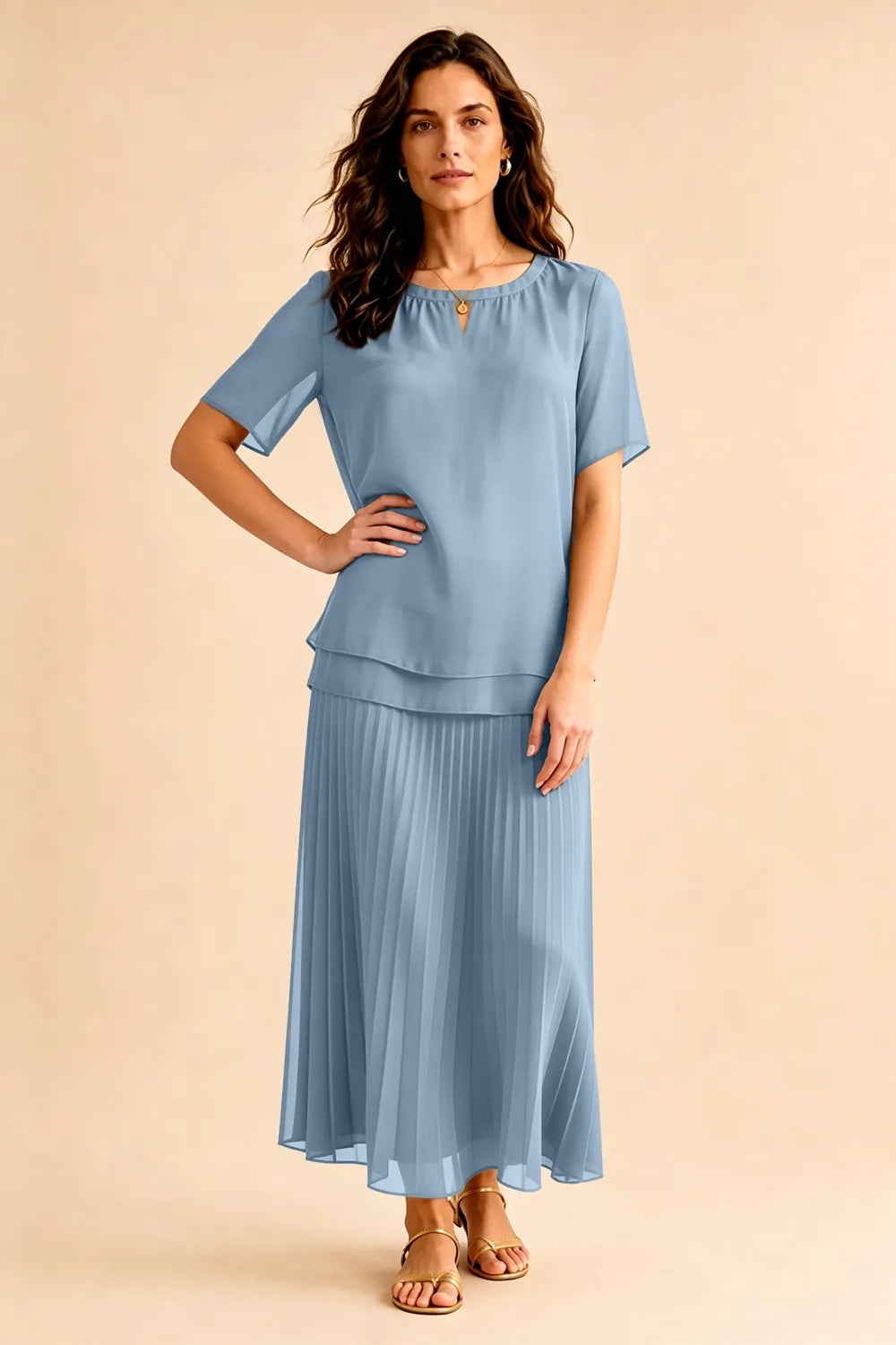 Pleated Chiffon Two-Piece Dress Set