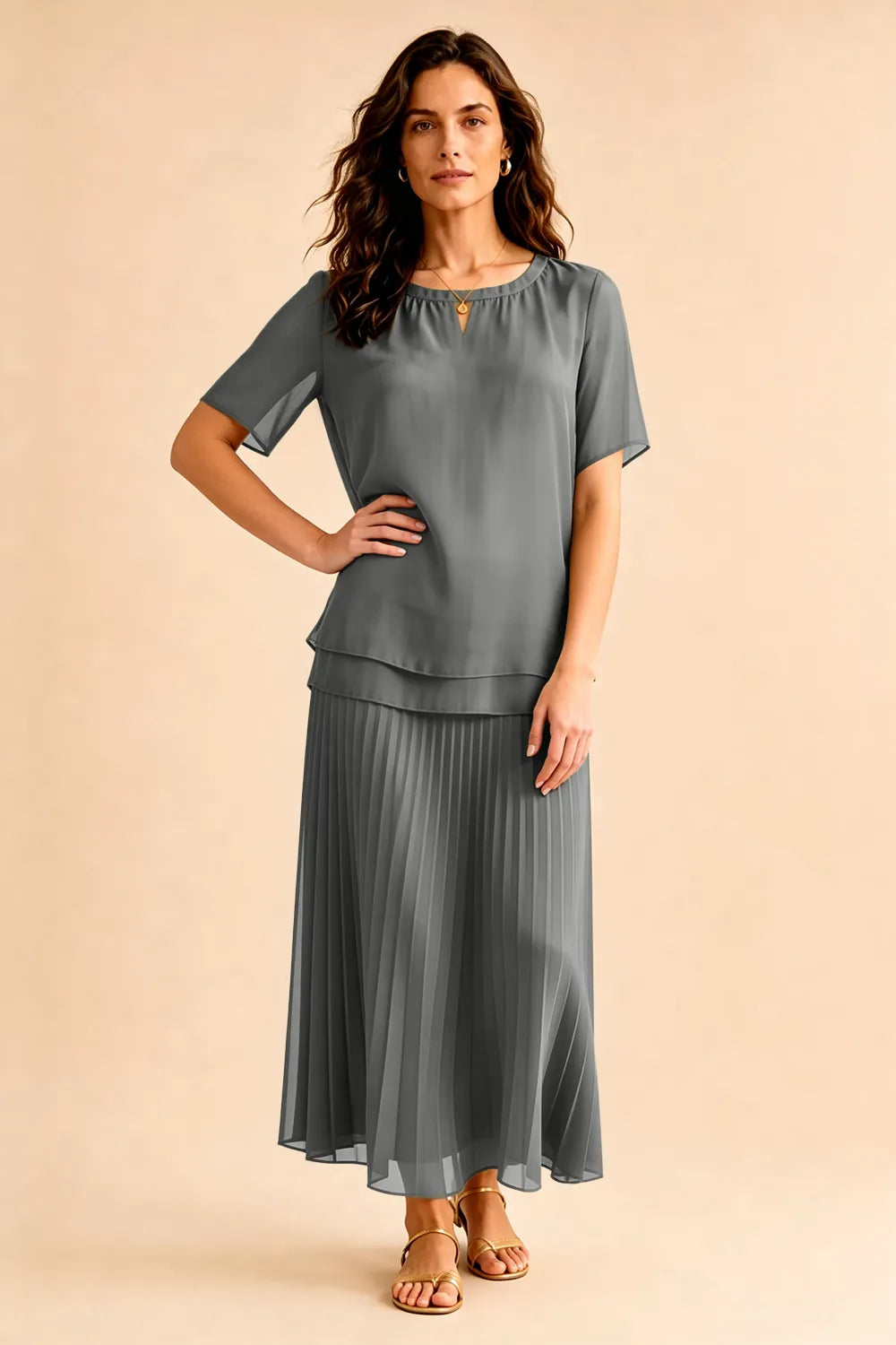 Pleated Chiffon Two-Piece Dress Set