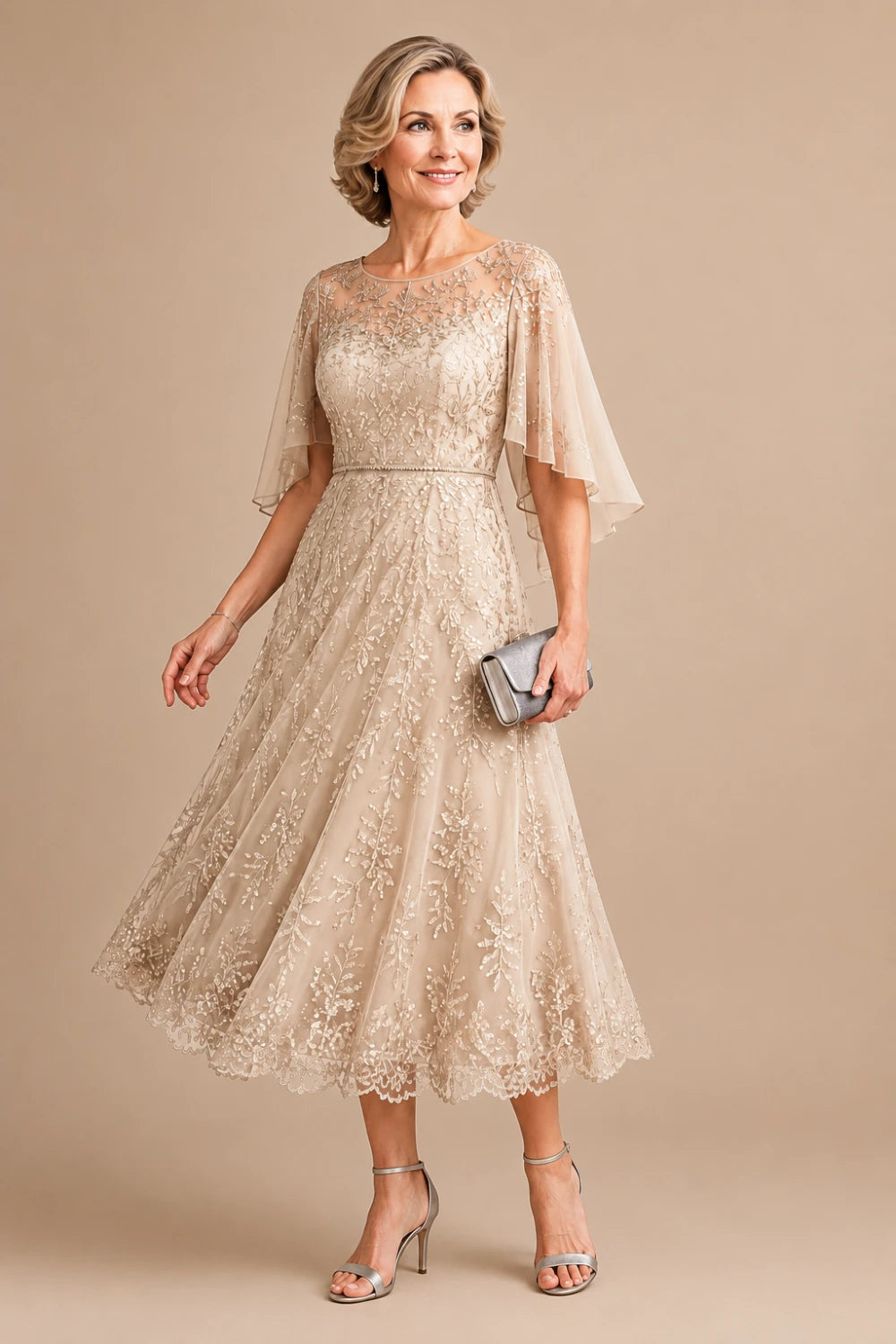 Dusty Blue Embroidered Lace Cape-Sleeve Tea-Length Dress
