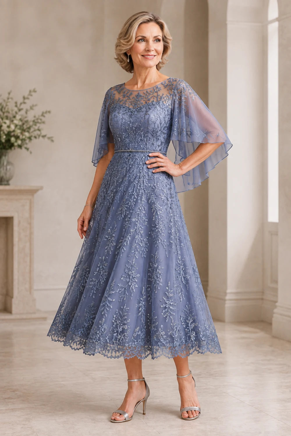 Dusty Blue Embroidered Lace Cape-Sleeve Tea-Length Dress