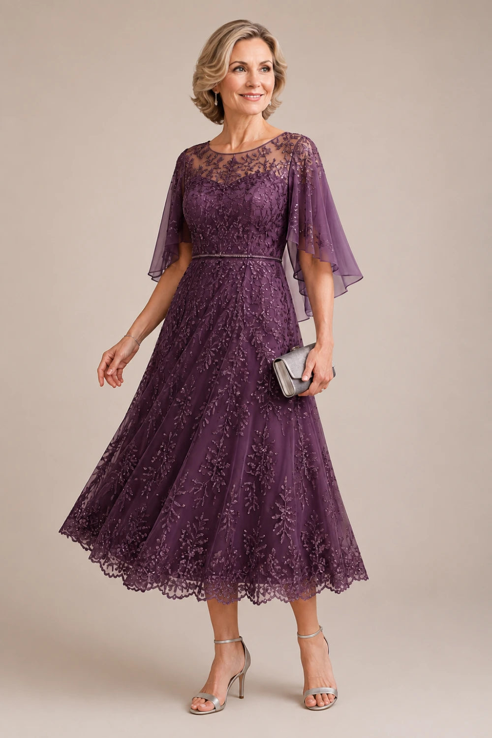 Dusty Blue Embroidered Lace Cape-Sleeve Tea-Length Dress