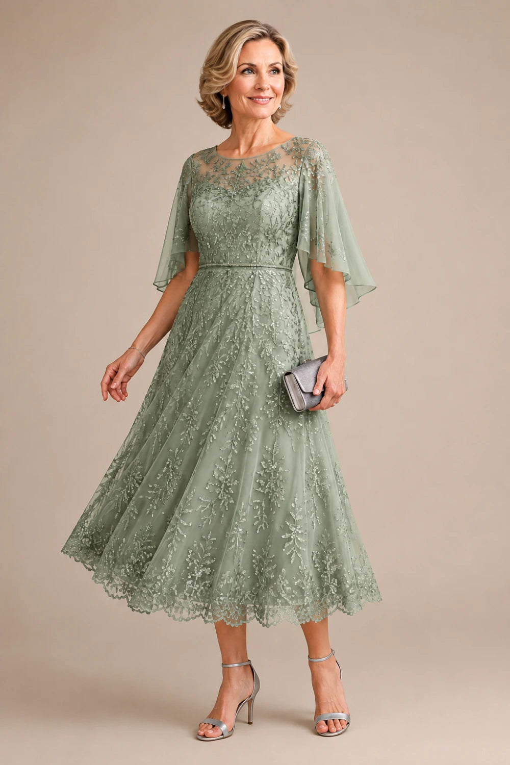 Dusty Blue Embroidered Lace Cape-Sleeve Tea-Length Dress