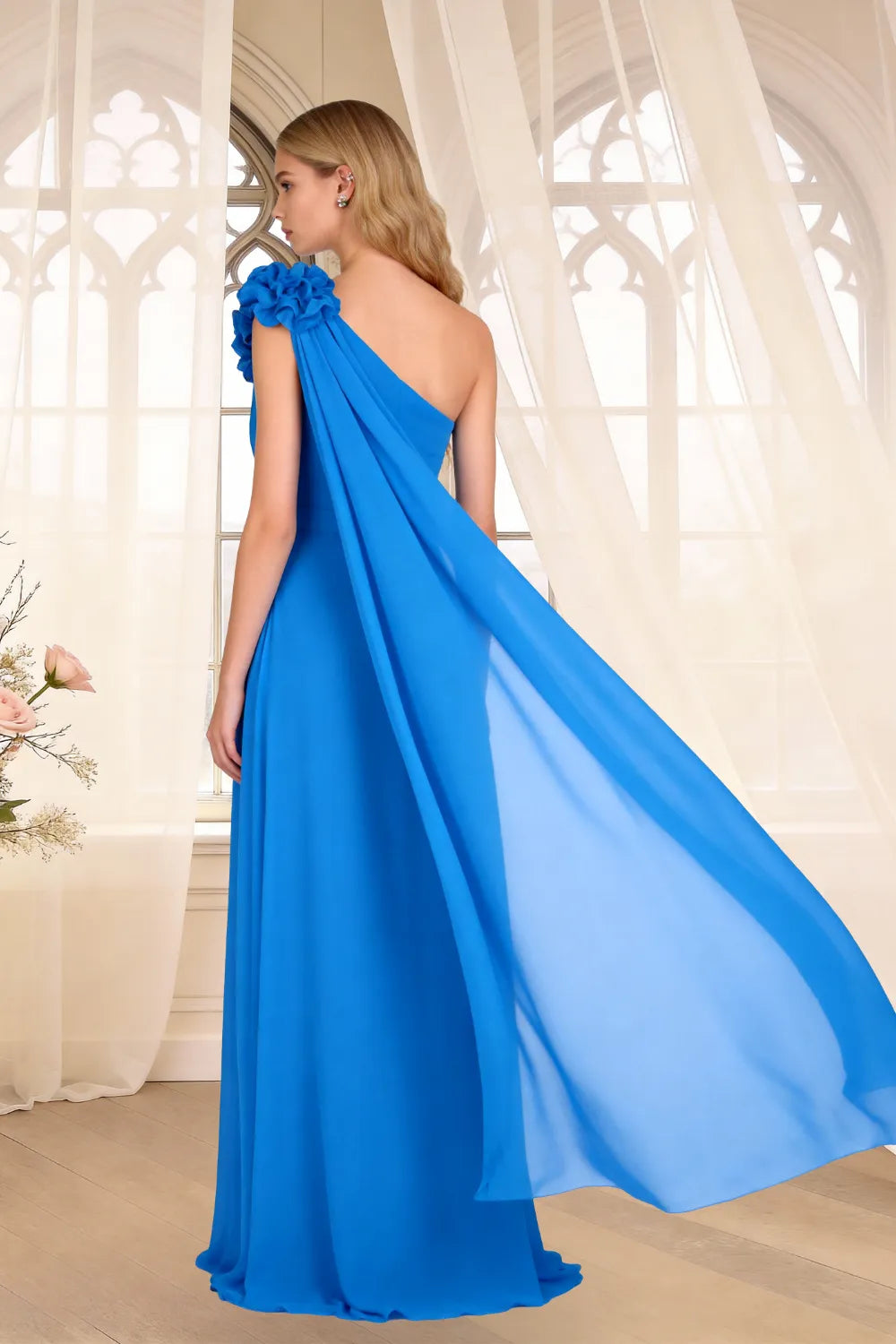 One-Shoulder Chiffon Cape Maxi Dress with Floral Appliqué