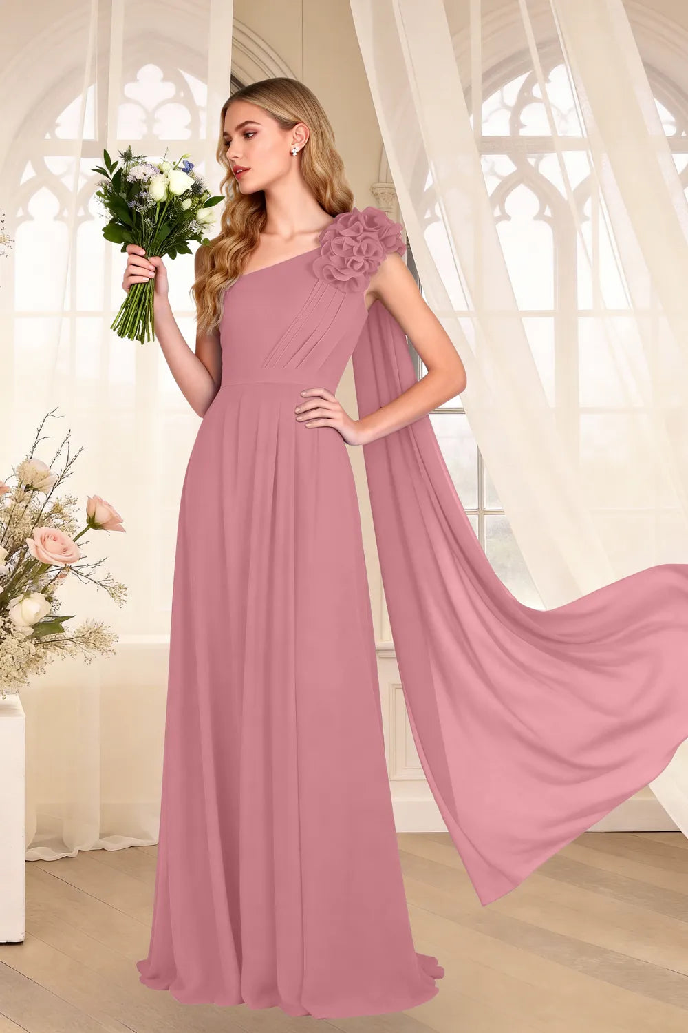 One-Shoulder Chiffon Cape Maxi Dress with Floral Appliqué