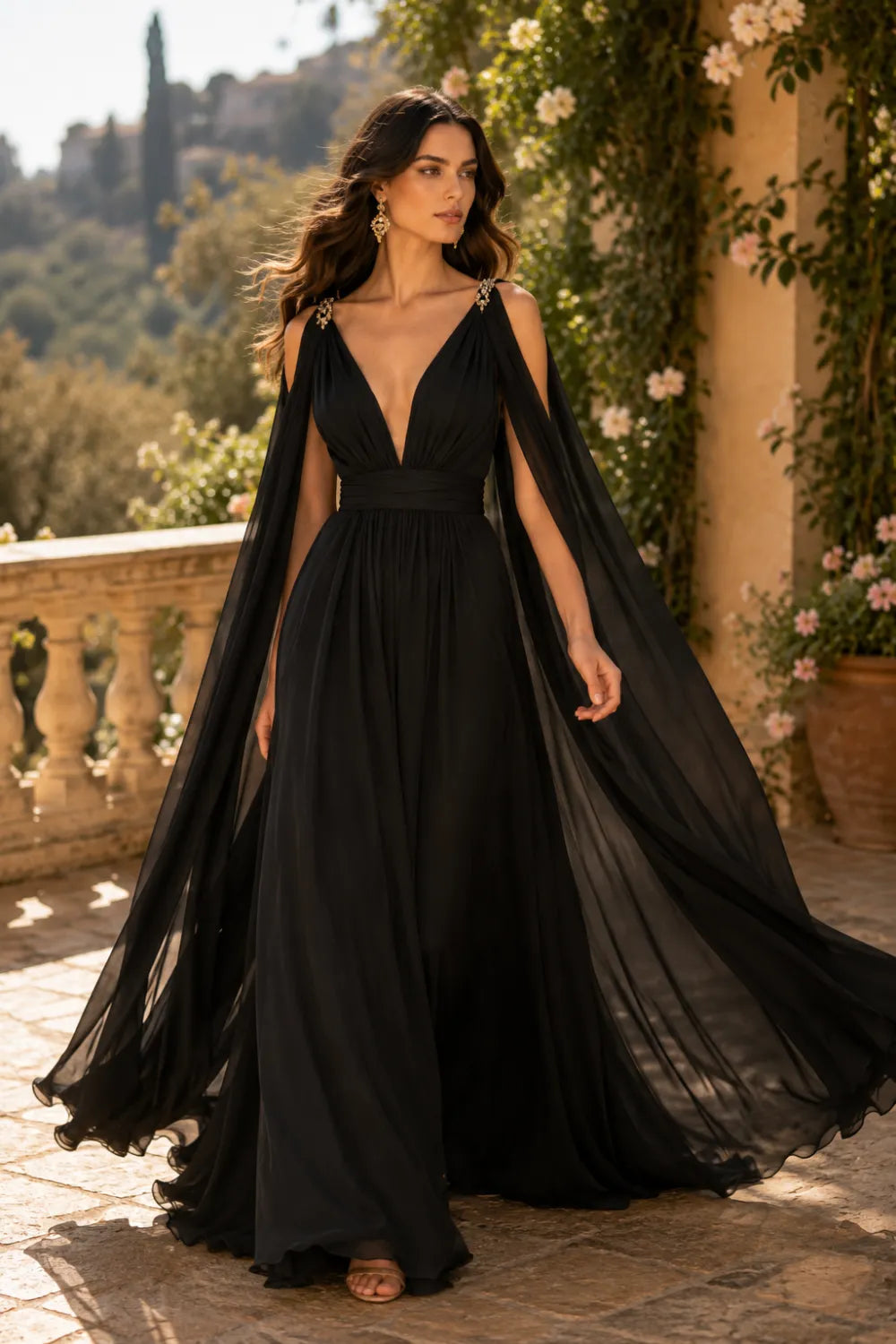 Celestia Flowing Cape Sleeve Formal Dress
