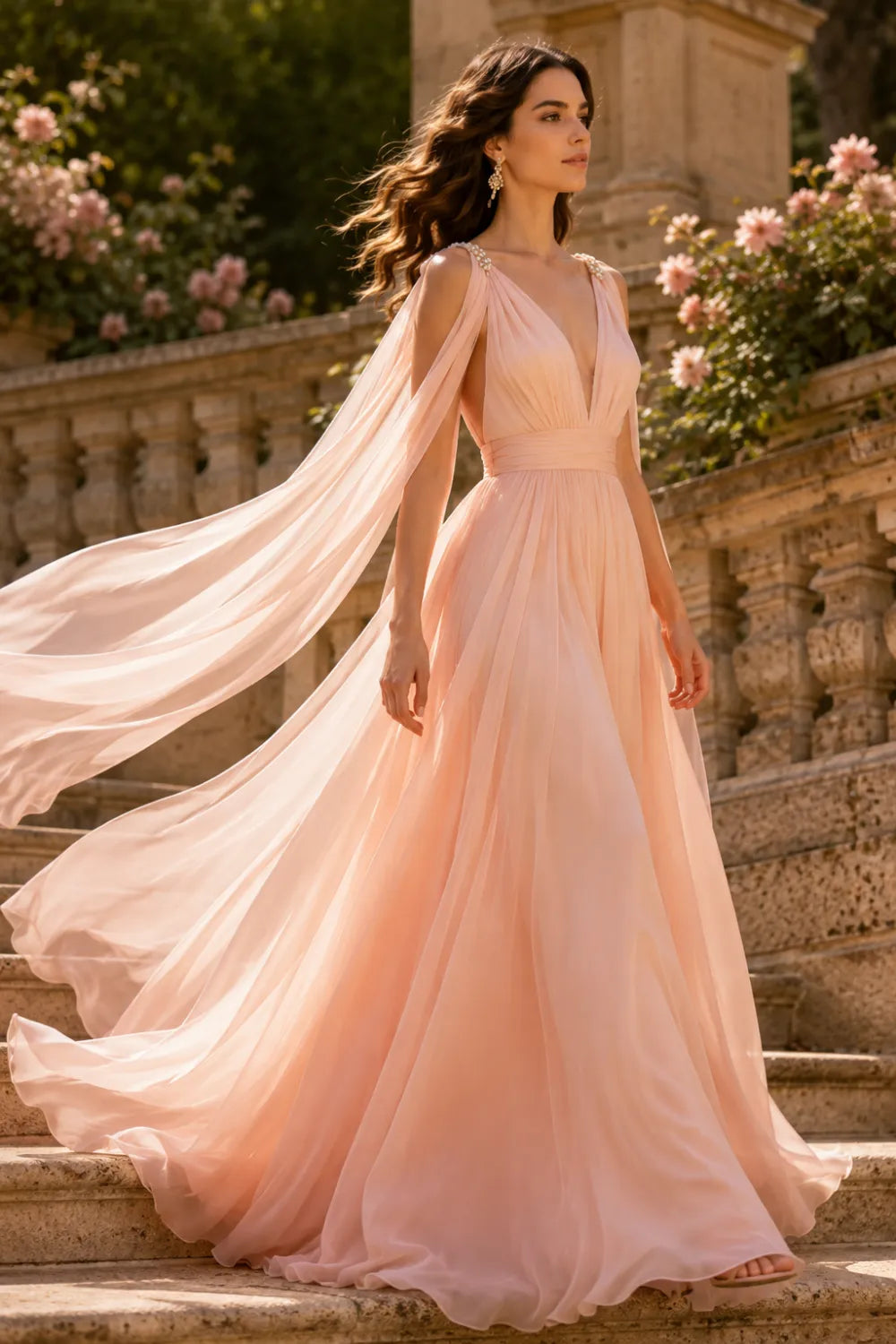Celestia Flowing Cape Sleeve Formal Dress