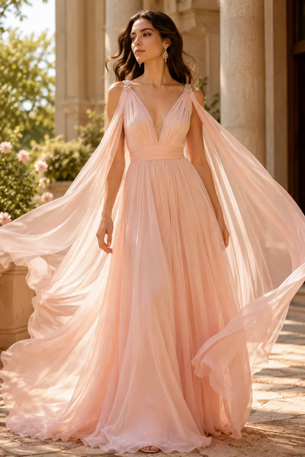 Celestia Flowing Cape Sleeve Formal Dress