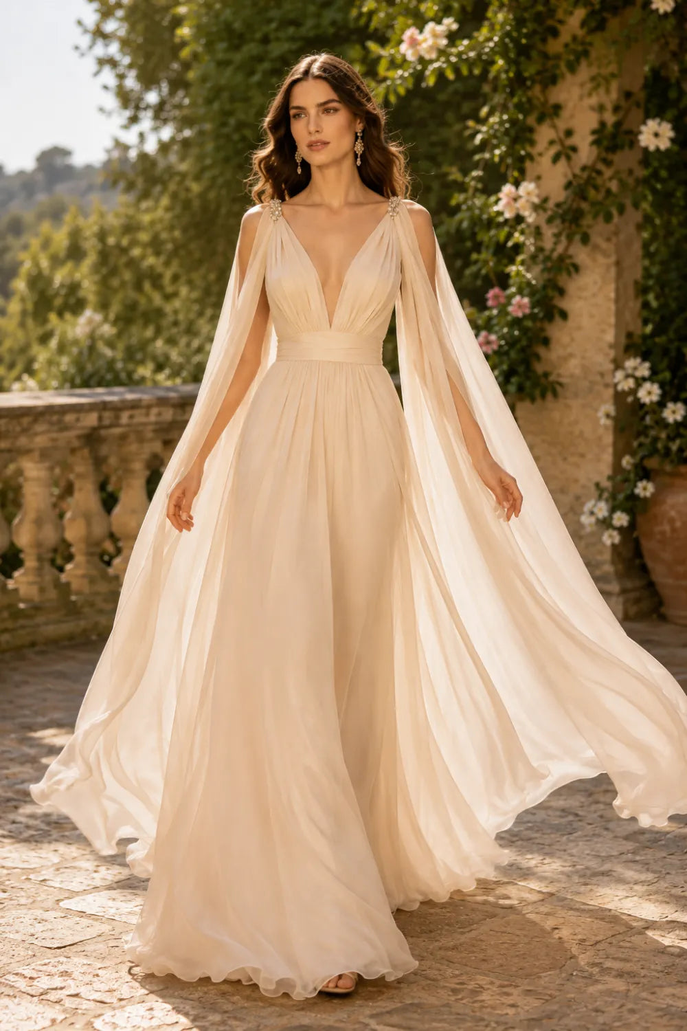 Celestia Flowing Cape Sleeve Formal Dress