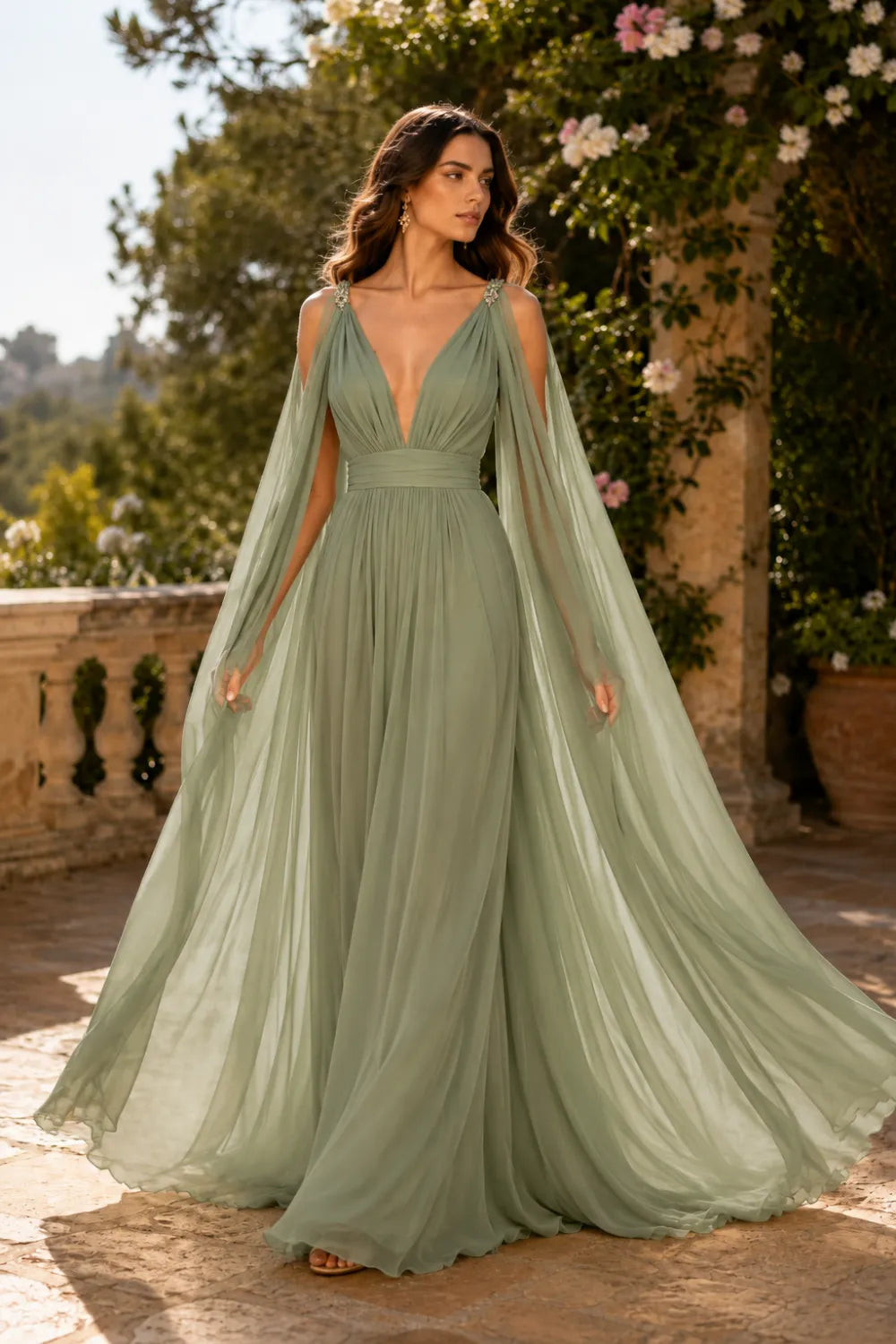 Celestia Flowing Cape Sleeve Formal Dress