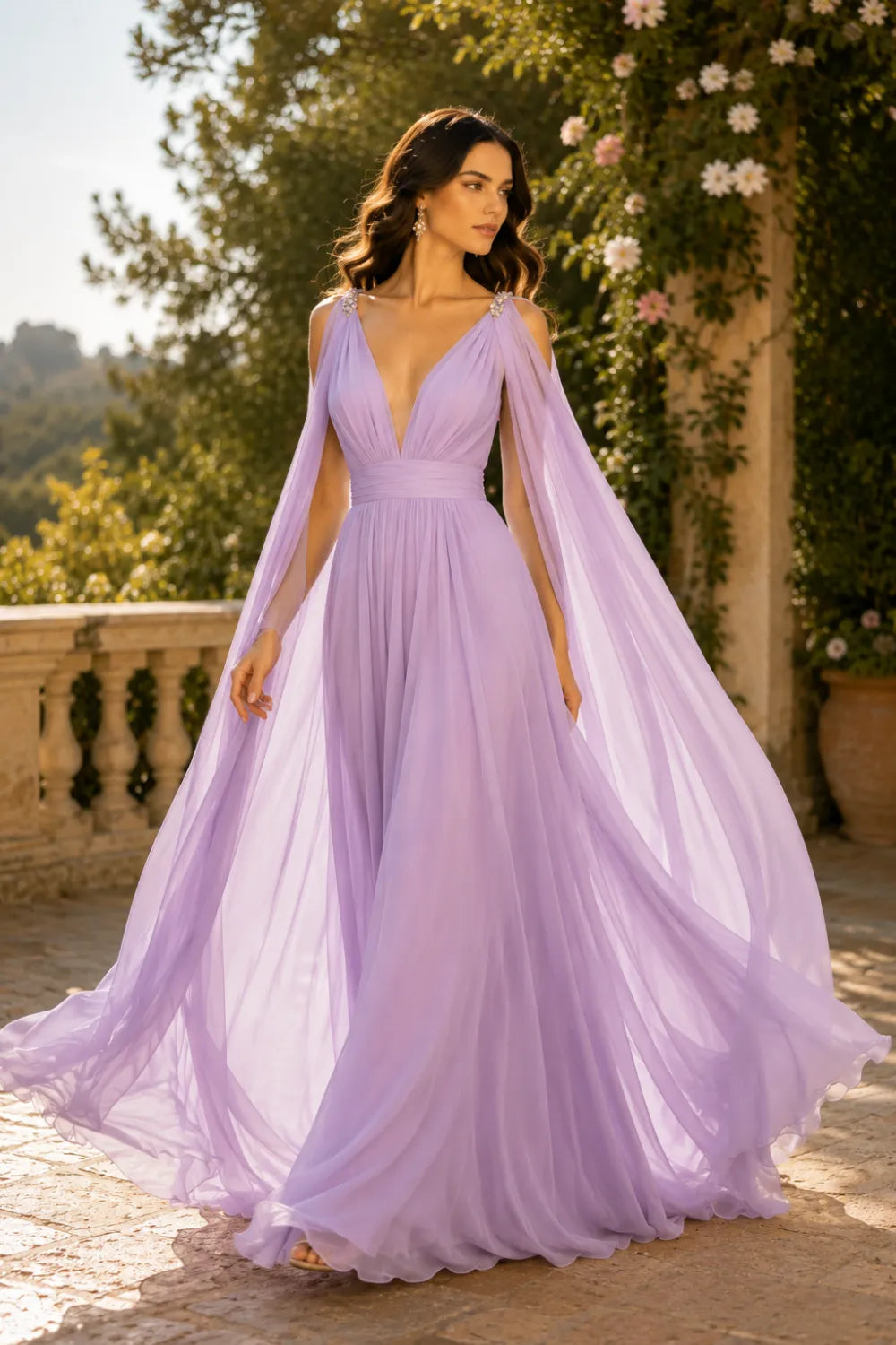 Celestia Flowing Cape Sleeve Formal Dress