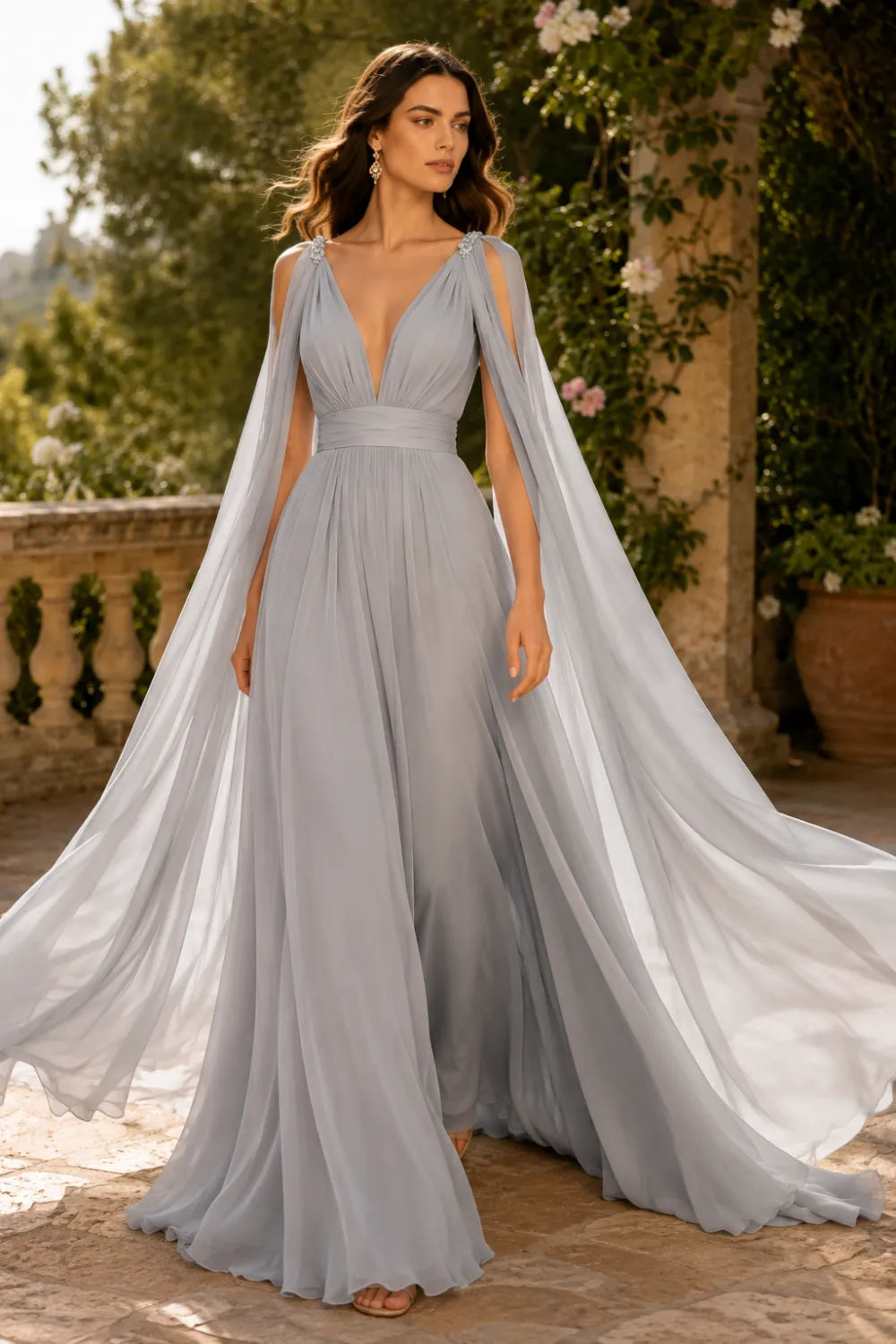 Celestia Flowing Cape Sleeve Formal Dress