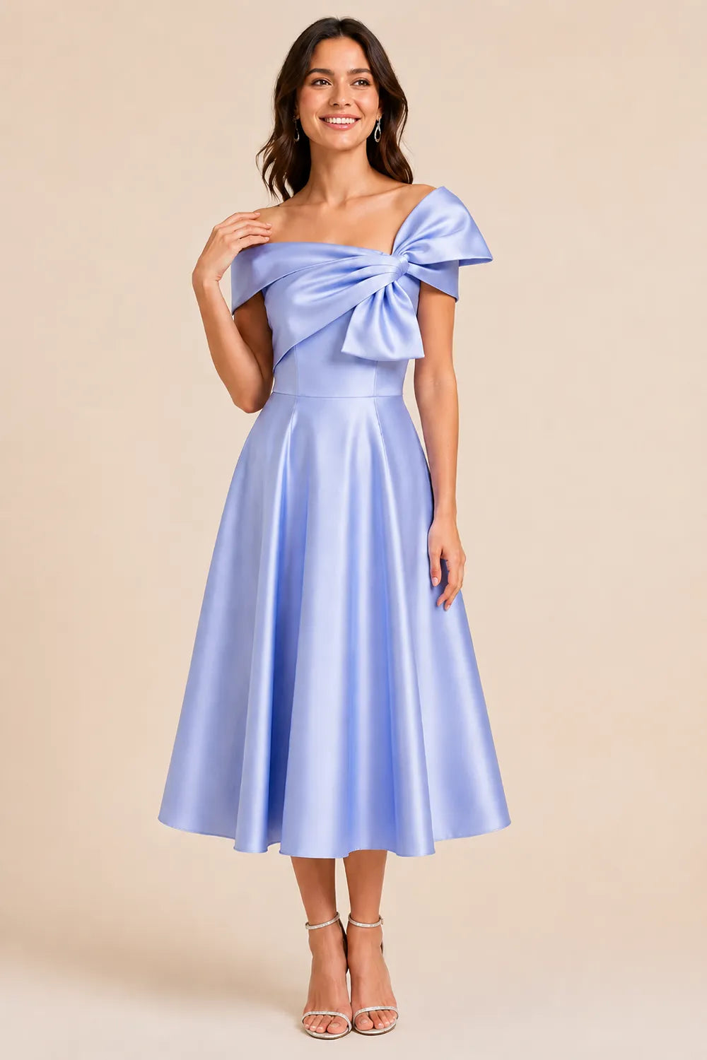 Aurelia Off Shoulder Bow Satin Midi Dress