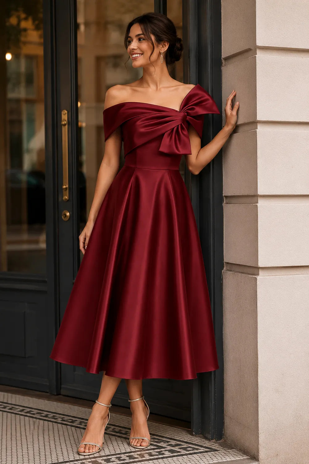 Aurelia Off Shoulder Bow Satin Midi Dress