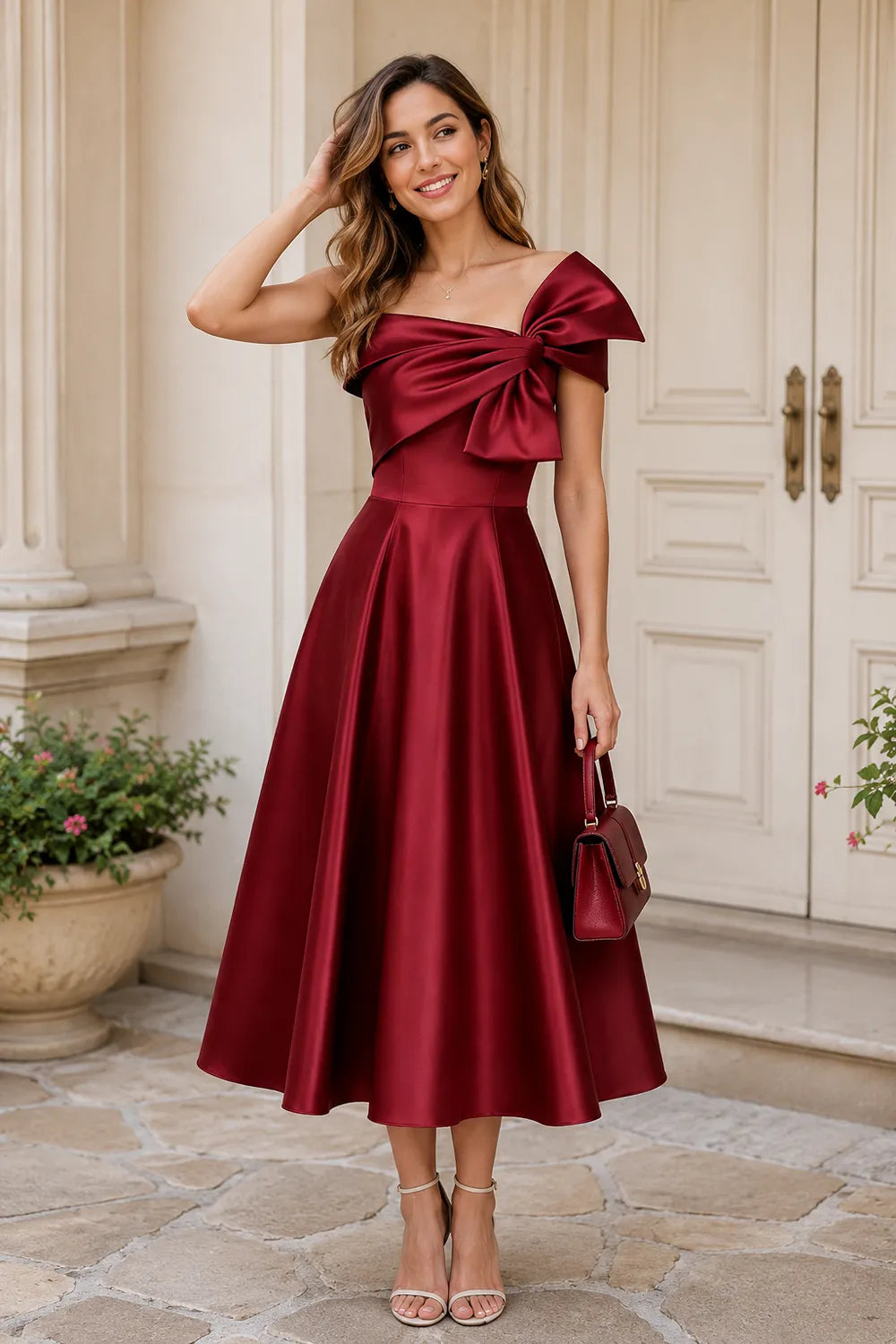 Aurelia Off Shoulder Bow Satin Midi Dress