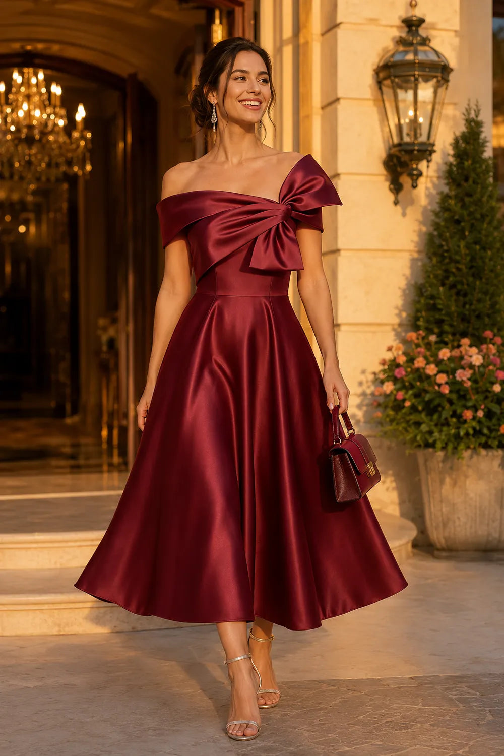 Aurelia Off Shoulder Bow Satin Midi Dress