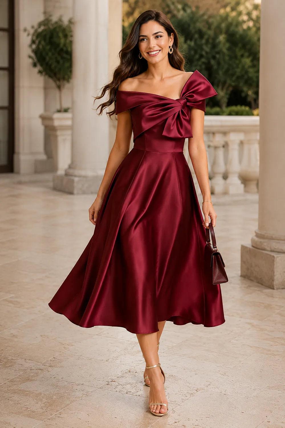 Aurelia Off Shoulder Bow Satin Midi Dress