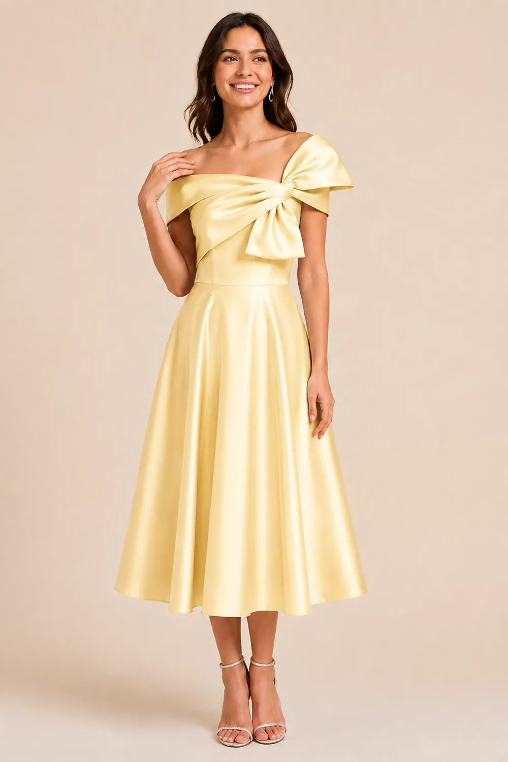 Aurelia Off Shoulder Bow Satin Midi Dress